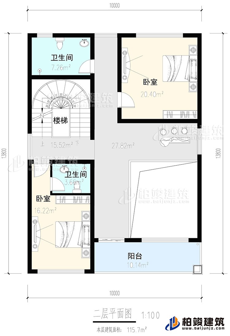 二層：2臥室，內(nèi)衛(wèi)，公衛(wèi)，樓梯，陽臺(tái)