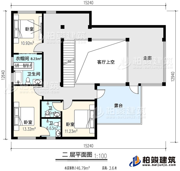 二層：3臥室，內(nèi)衛(wèi)，公衛(wèi)，起居室，樓梯，陽(yáng)臺(tái)，露臺(tái)，書(shū)房