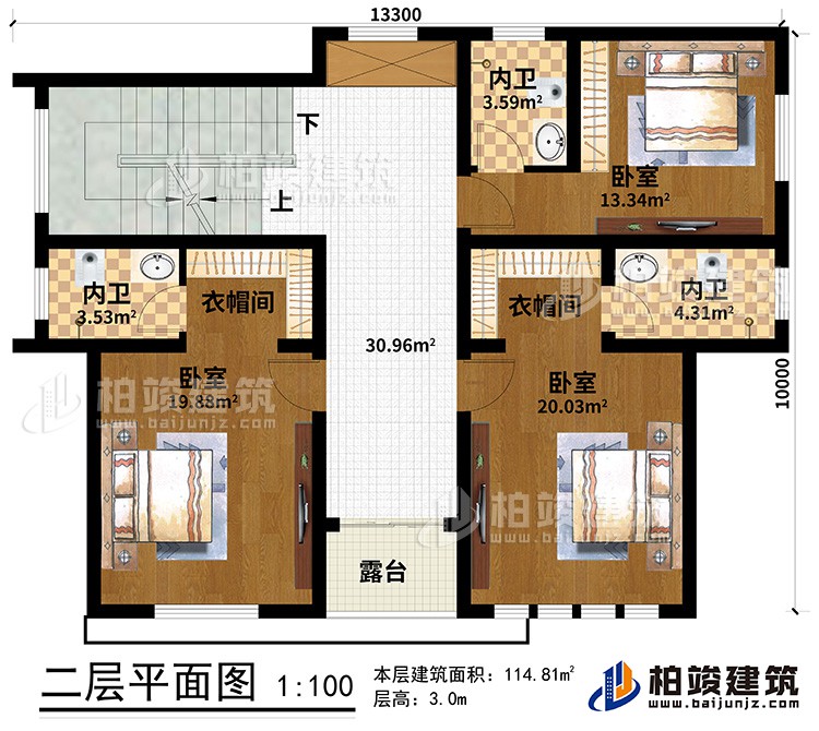 二層：3臥室、2衣帽間、3內(nèi)衛(wèi)、露臺