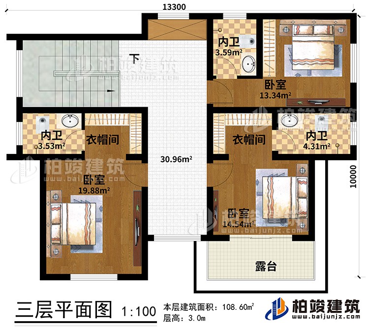 三層：3臥室、2衣帽間、3內(nèi)衛(wèi)、露臺