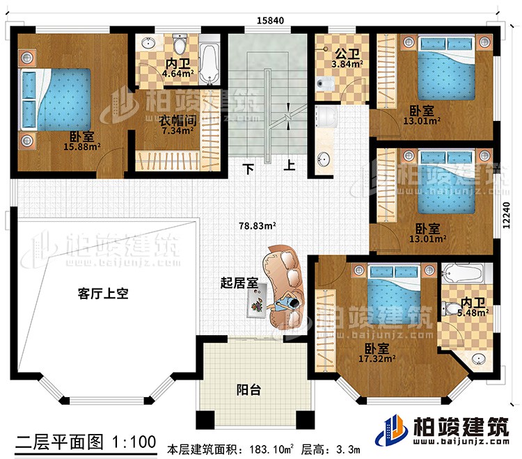 二層：4臥室、衣帽間、2內(nèi)衛(wèi)、公衛(wèi)、起居室、陽臺(tái)、客廳上空