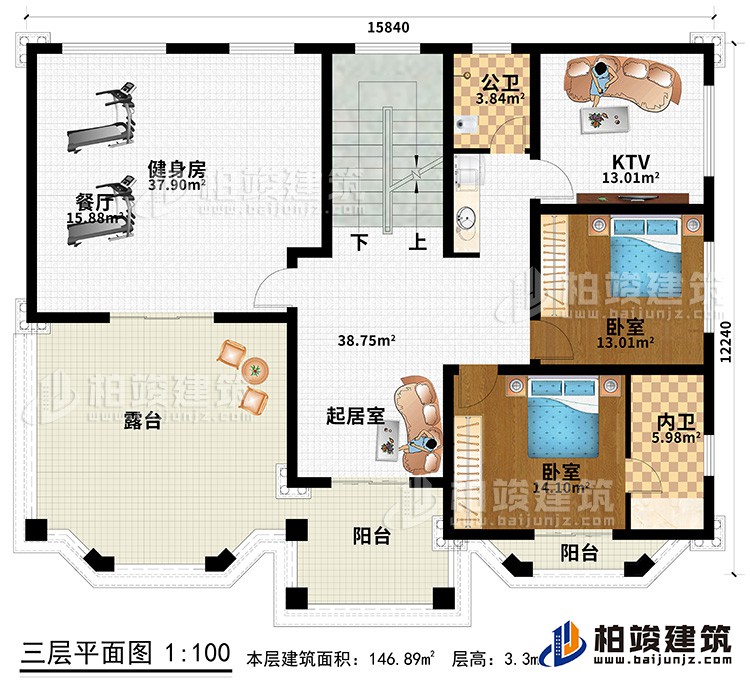 三層：健身房、起居室、2臥室、KTV、公衛(wèi)、內(nèi)衛(wèi)、露臺(tái)、2陽臺(tái)