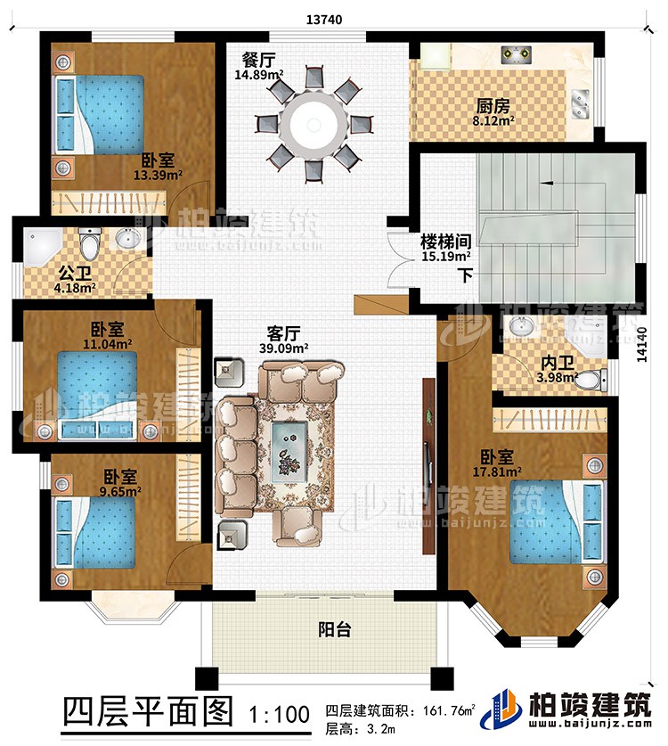 四層：陽臺、客廳、餐廳、樓梯間、廚房、4臥室、公衛(wèi)、內(nèi)衛(wèi)