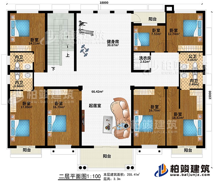 二層：7臥室、起居室、健身房、3內(nèi)衛(wèi)、公衛(wèi)、洗衣房、4陽臺