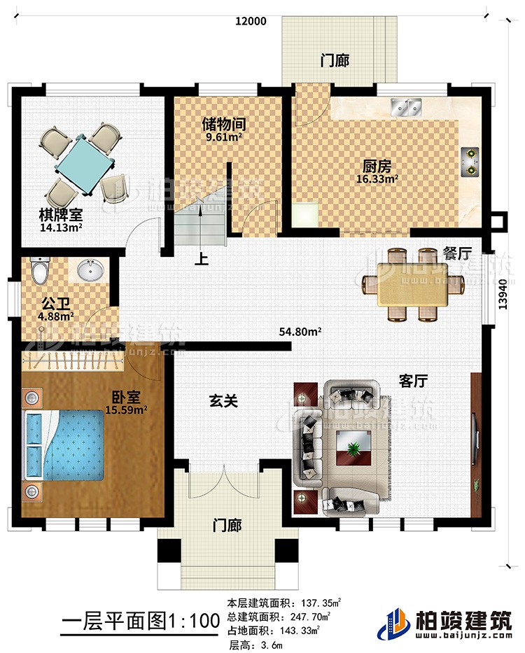 一層：2門廊、玄關(guān)、客廳、餐廳、廚房、儲物間、棋牌室、公衛(wèi)、臥室