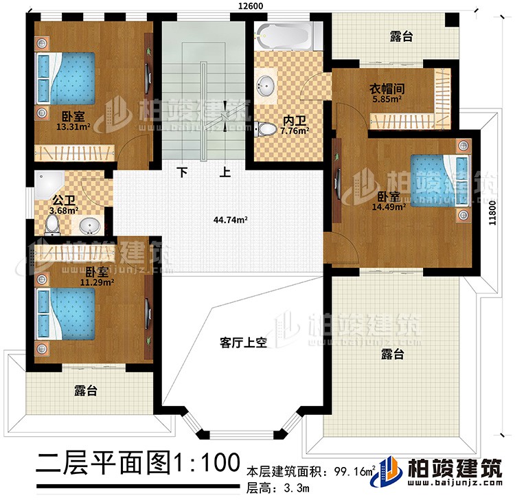 二層：3臥室，衣帽間、公衛(wèi)、內(nèi)衛(wèi)、3露臺(tái)、客廳上空