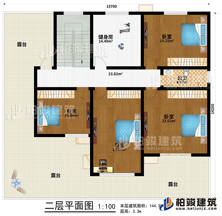 二層：4臥室，公衛(wèi)，健身房，露臺(tái)