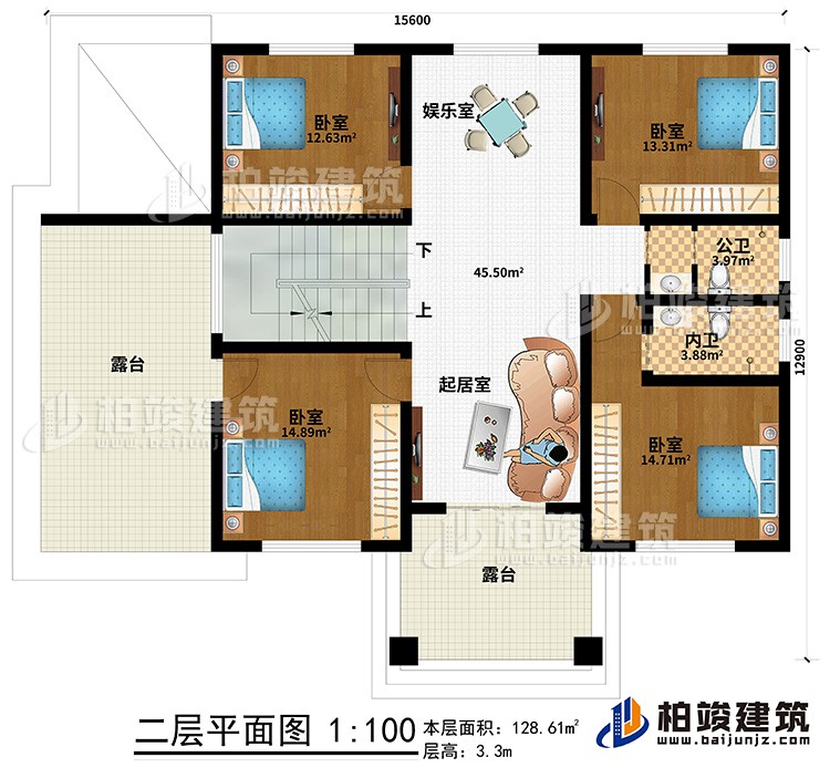 二層：4臥室，內(nèi)衛(wèi)，公衛(wèi)，起居室，樓梯，棋牌室，2露臺