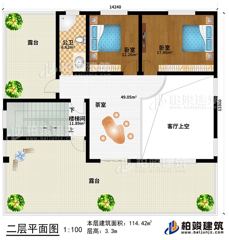 二層：客廳上空、茶室、樓梯間、2臥室、公衛(wèi)、2露臺(tái)