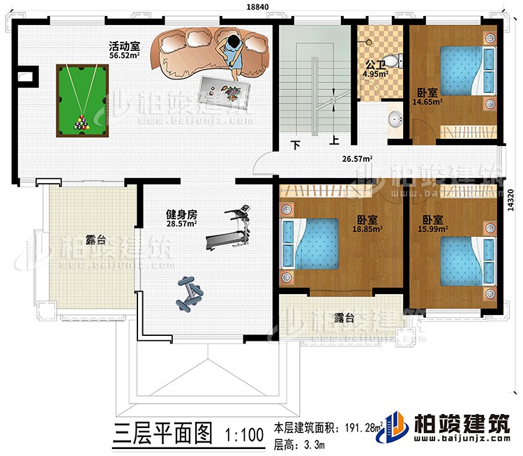 三層：健身房、活動室、3臥室、公衛(wèi)、２露臺