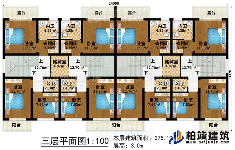 三層：12臥室、4公衛(wèi)、4內(nèi)衛(wèi)、2儲藏室、4衣帽間、3陽臺、4露臺