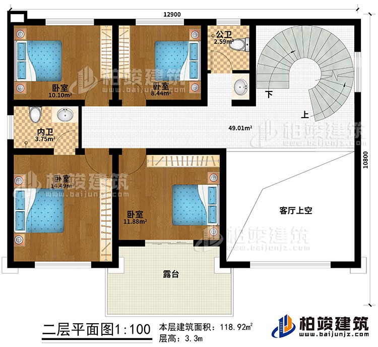 二層：4臥室、公衛(wèi)、內(nèi)衛(wèi)、客廳上空、露臺(tái)