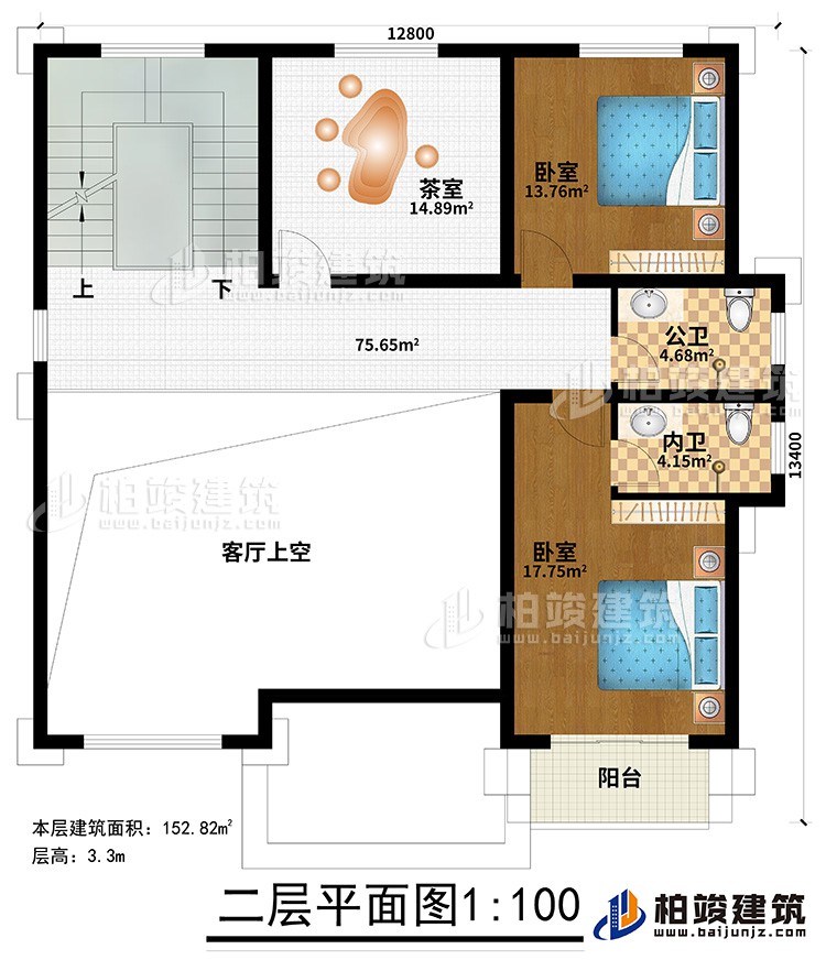 二層：2臥室，茶室，2衛(wèi)生間，陽(yáng)臺(tái)