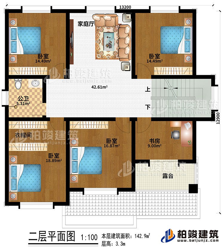 二層：4臥室、公衛(wèi)、衣帽間、書房、露臺(tái)、家庭廳