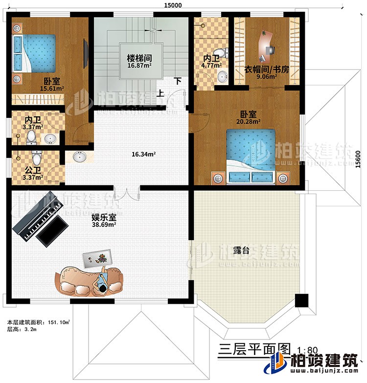 三層：樓梯間、娛樂室、2臥室、衣帽間/書房、2內(nèi)衛(wèi)、公衛(wèi)、露臺(tái)