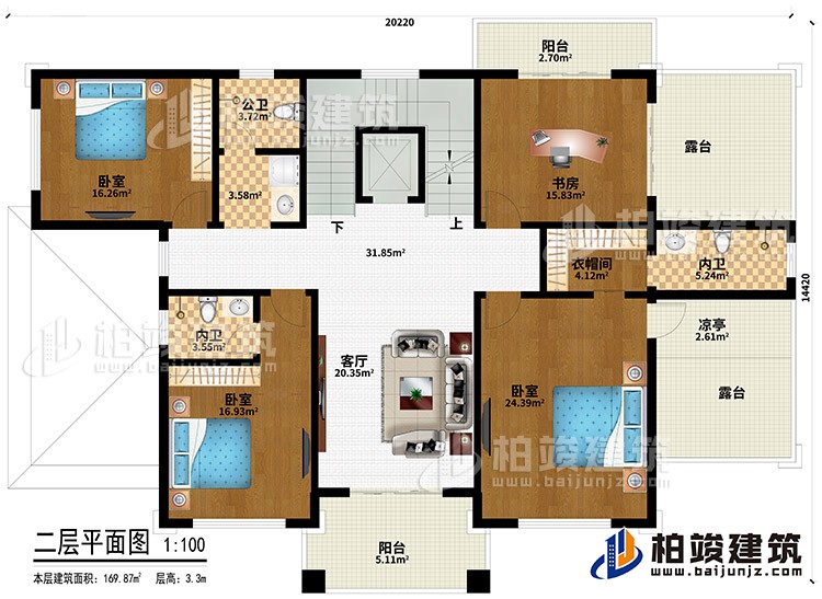 二層：3臥室、衣帽間、2內(nèi)衛(wèi)、公衛(wèi)、客廳、書房、衣帽間、2陽臺、2露臺、涼亭