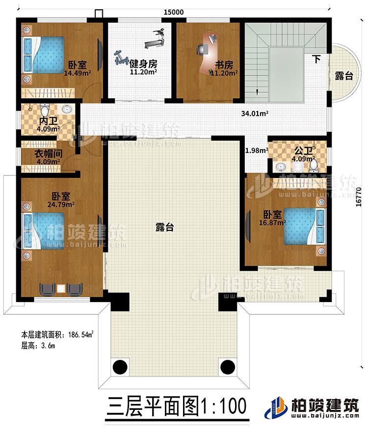 三層：3臥室、健身房、衣帽間、內(nèi)衛(wèi)、公衛(wèi)、健身房、書房、2露臺