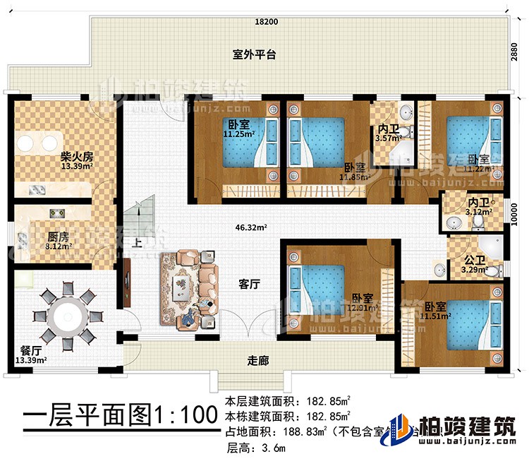 一層：走廊、客廳、餐廳、廚房、柴火房、室外平臺、5臥室、2內(nèi)衛(wèi)、公衛(wèi)