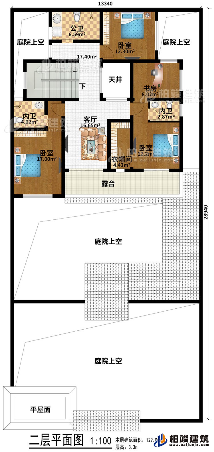 二層：平屋面、4庭院上空、3臥室、客廳、天井、衣帽間、書房、公衛(wèi)、2內(nèi)衛(wèi)