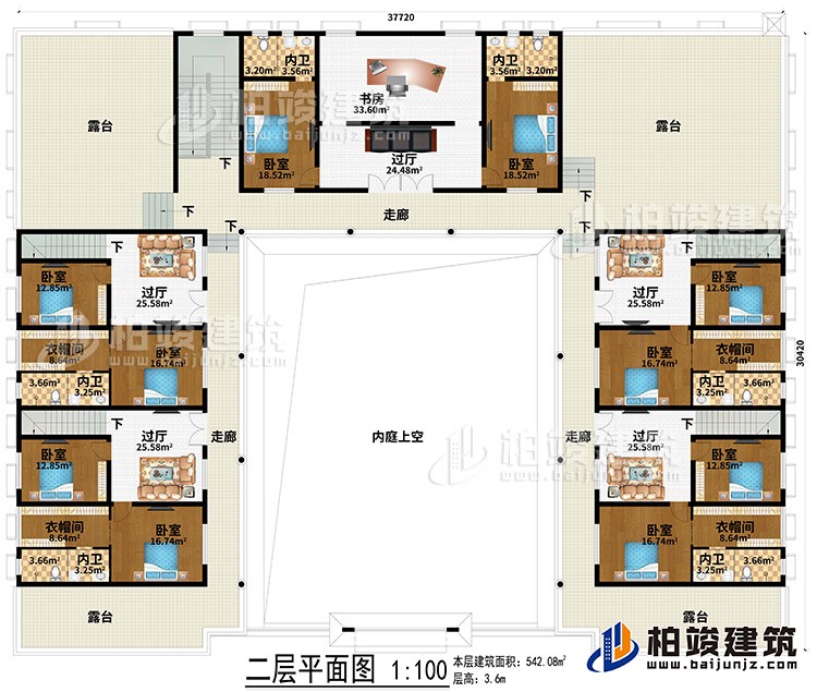 二層：內(nèi)庭上空、5過廳、書房、3走廊、4露臺、10臥室、4衣帽間、6內(nèi)衛(wèi)