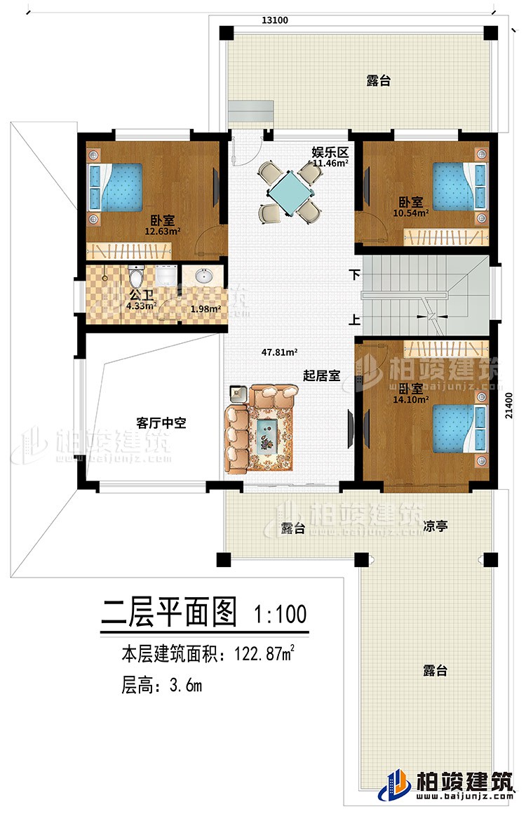 二層：3臥室、起居室、娛樂(lè)區(qū)、3露臺(tái)、涼亭、客廳中空、公衛(wèi)