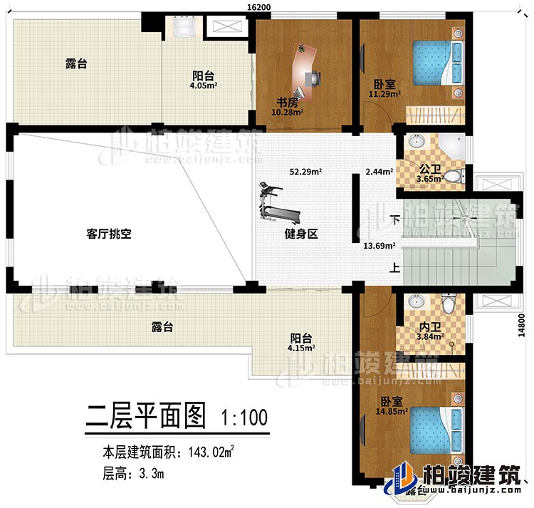 二層：健身區(qū)、客廳挑空、書房、2臥室、公衛(wèi)、內(nèi)衛(wèi)、2陽臺、3露臺