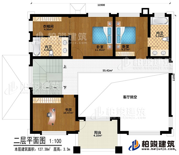 二層：客廳挑空、2臥室、衣帽間、書(shū)房、2內(nèi)衛(wèi)、陽(yáng)臺(tái)