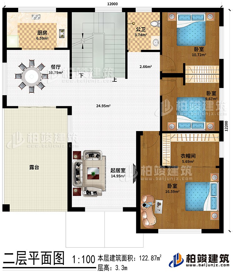 二層：起居室、餐廳、廚房、公衛(wèi)、3臥室、衣帽間、露臺