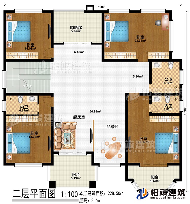 二層：起居室、品茶區(qū)、4臥室、公衛(wèi)、2內(nèi)衛(wèi)、晾曬房、2陽臺