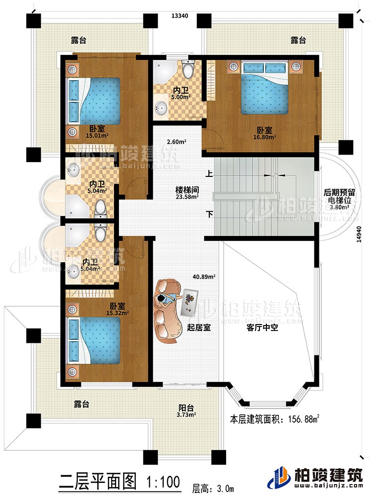 二層：起居室、客廳中空、樓梯間、3臥室、3內(nèi)衛(wèi)、陽(yáng)臺(tái)、3露臺(tái)、后期預(yù)留電梯位