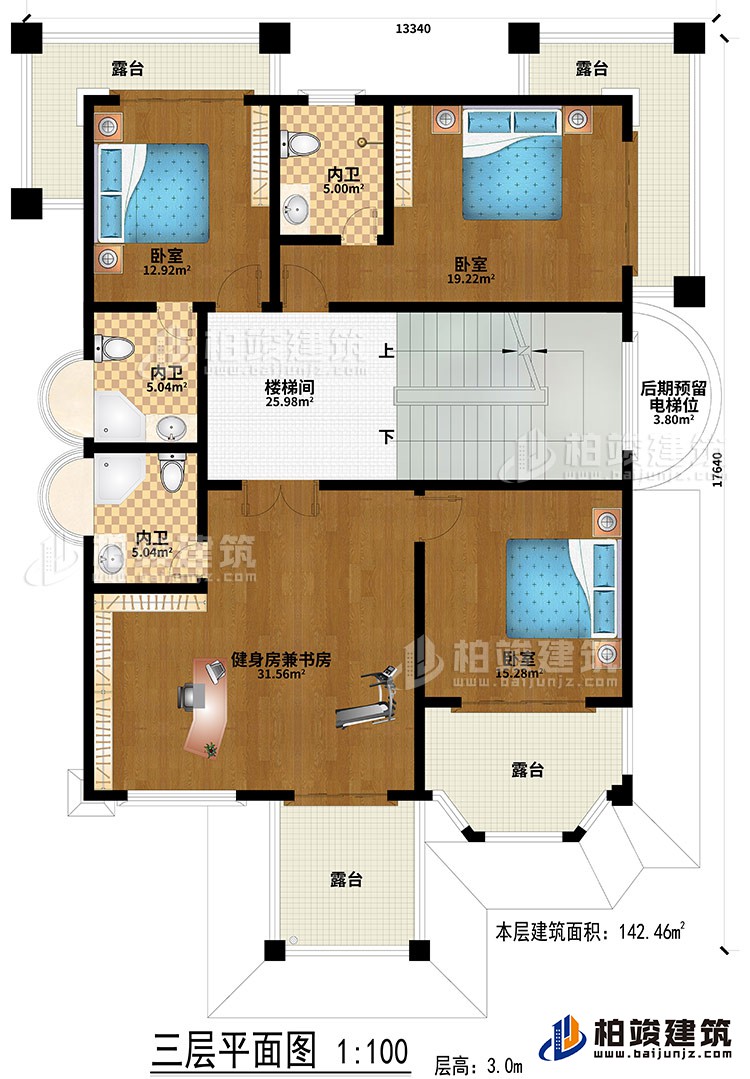 三層：樓梯間、健身房兼書房、3臥室、3內(nèi)衛(wèi)、后期預(yù)留電梯位、4露臺(tái)