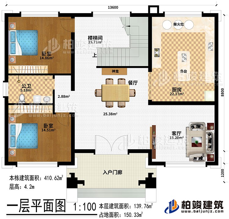 一層：入戶門廊、客廳、餐廳、廚房、神龕、島臺(tái)、柴火灶、樓梯間、公衛(wèi)、2臥室