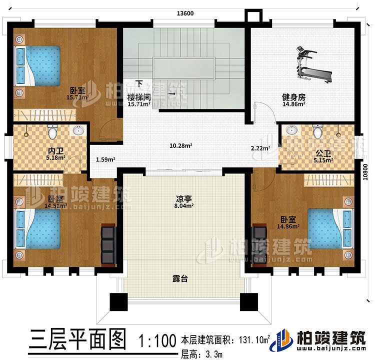 三層：樓梯間、健身房、3臥室、公衛(wèi)、內(nèi)衛(wèi)、涼亭、露臺(tái)