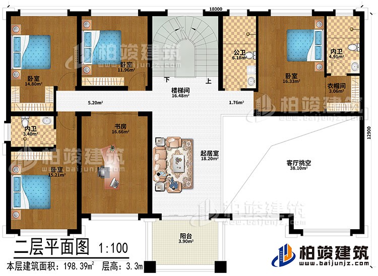 二層：起居室、客廳挑空、4臥室、書房、樓梯間、衣帽間、公衛(wèi)、2內(nèi)衛(wèi)