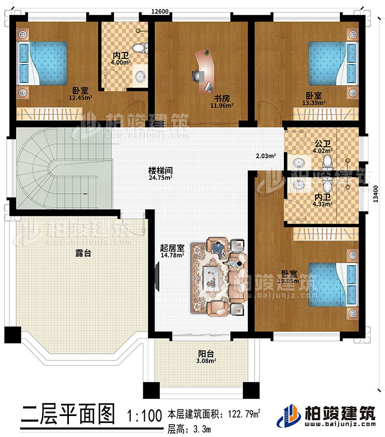 二層：樓梯間、起居室、3臥室、書房、2內(nèi)衛(wèi)、公衛(wèi)、露臺、陽臺