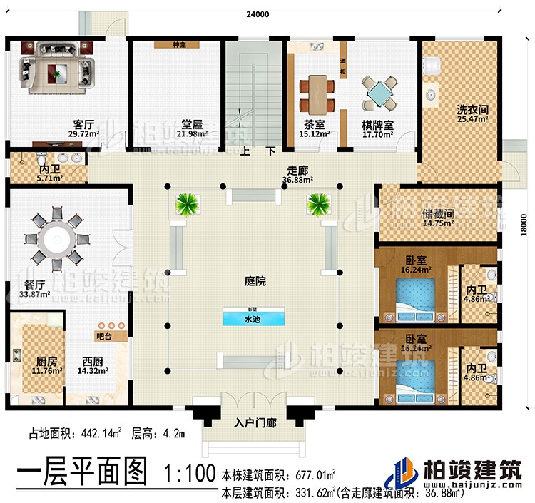 一層：入戶門廊、水池、影壁、庭院、走廊、西廚、廚房、餐廳、吧臺、客廳、堂屋、神龕、茶室、棋牌室、洗衣間、儲藏間、2臥室、3內衛(wèi)