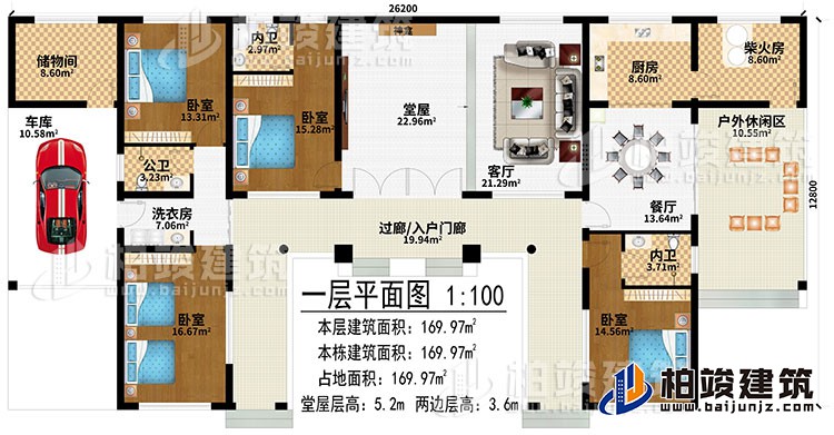 一層：過廊/入戶門廊、堂屋、神龕、客廳、餐廳、廚房、柴火房、戶外休閑區(qū)、儲(chǔ)物間、車庫、洗衣房、4臥室、2內(nèi)衛(wèi)、公衛(wèi)