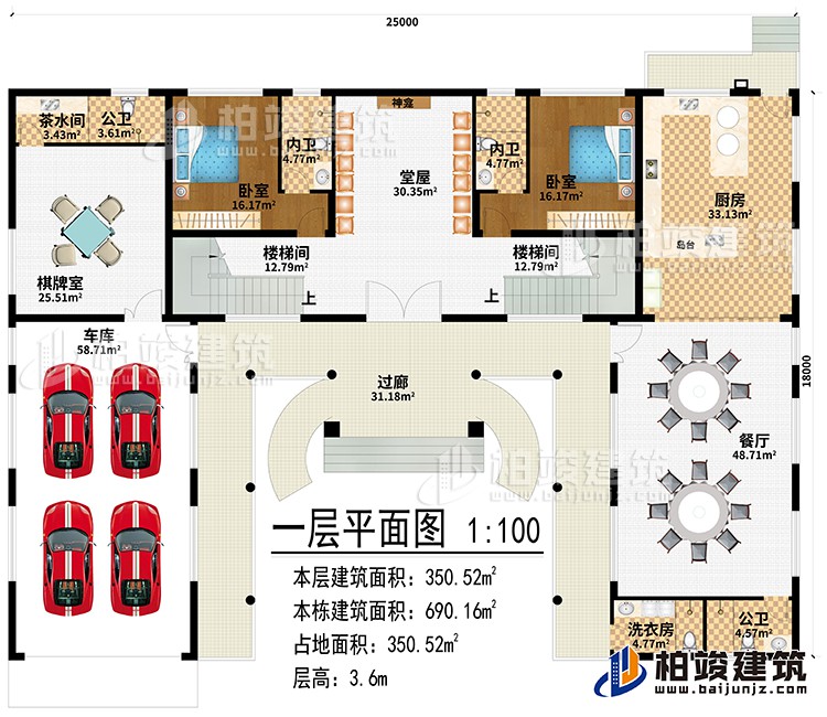 一層：過廊、堂屋、神龕、2樓梯間、廚房、餐廳、棋牌室、車庫、茶水間、2公衛(wèi)、洗衣房、2臥室、2內(nèi)衛(wèi)