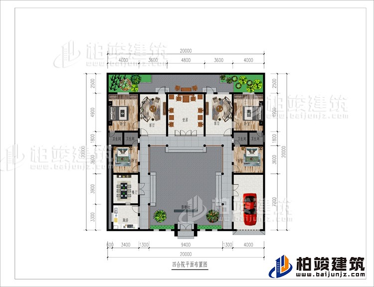 一層：影壁墻、車庫、廚房、餐廳、4臥室、4內(nèi)衛(wèi)、2客廳、堂屋、后花園