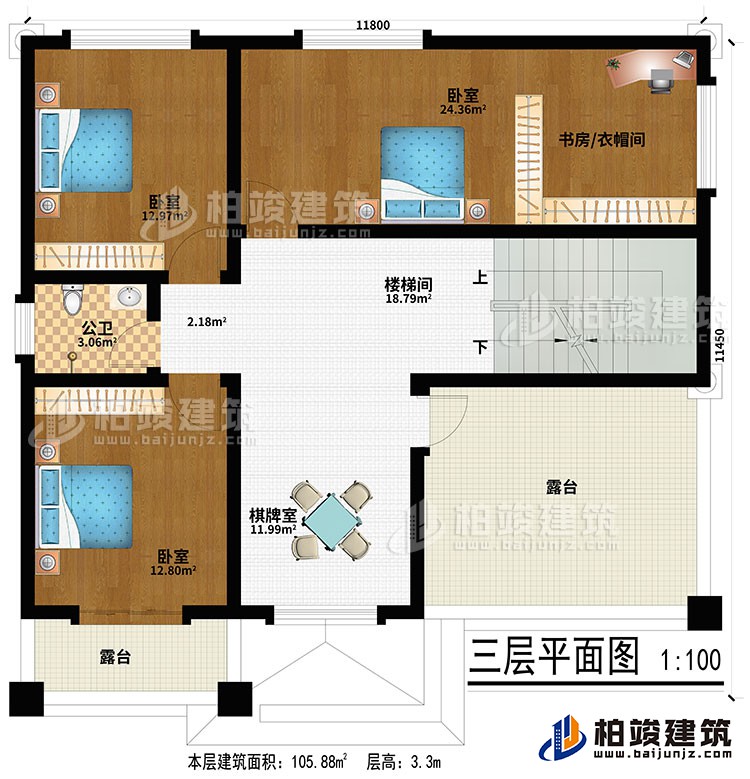 三層：棋牌室、樓梯間、3臥室、書房/衣帽間、公衛(wèi)、2露臺