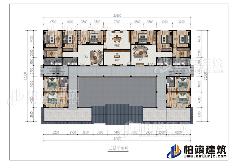 二層：2客廳、2書畫室、公衛(wèi)、10臥室、2衣帽間、4內(nèi)衛(wèi)、2露臺(tái)