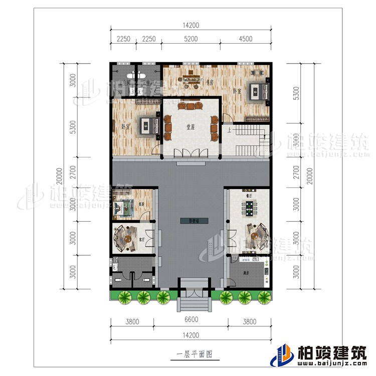 一層：廚房、2客廳、餐廳、公衛(wèi)、3臥室、影壁墻、堂屋、書房、2內(nèi)衛(wèi)