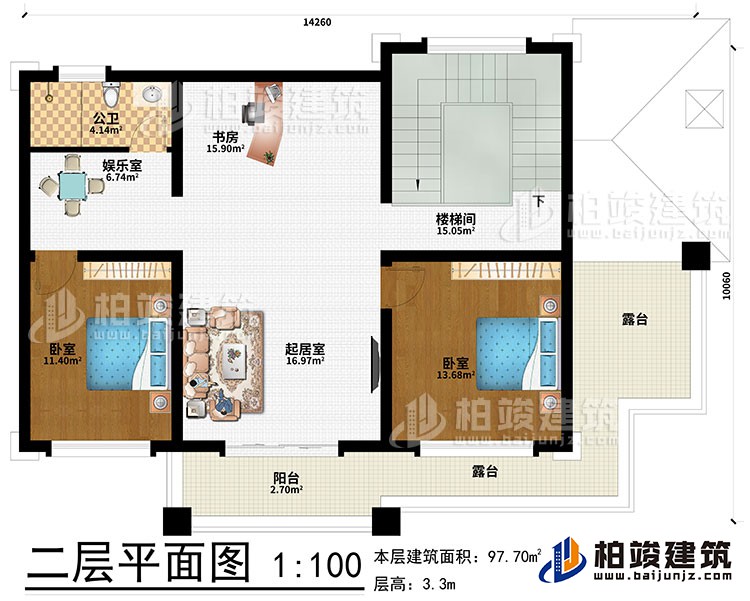 二層：起居室、書(shū)房、娛樂(lè)室、2臥室、樓梯間、公衛(wèi)、陽(yáng)臺(tái)、2露臺(tái)