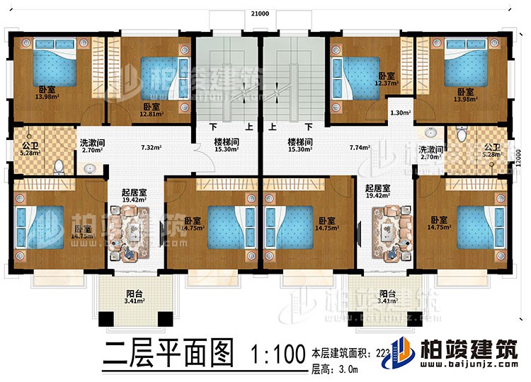 二層：2樓梯間、2起居室、2洗漱間、8臥室、2公衛(wèi)、2陽臺