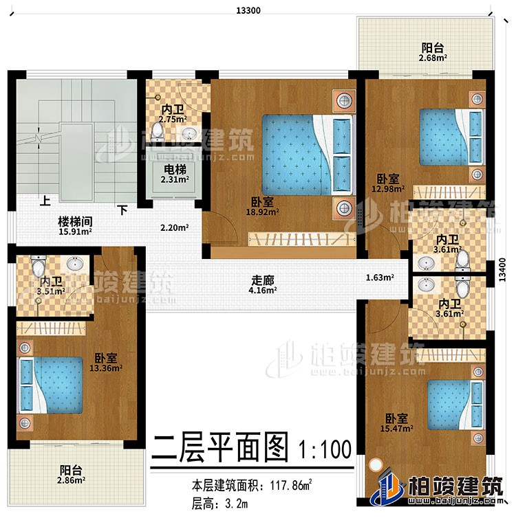 二層：走廊、4臥室、4內(nèi)衛(wèi)、2陽臺、樓梯間、電梯