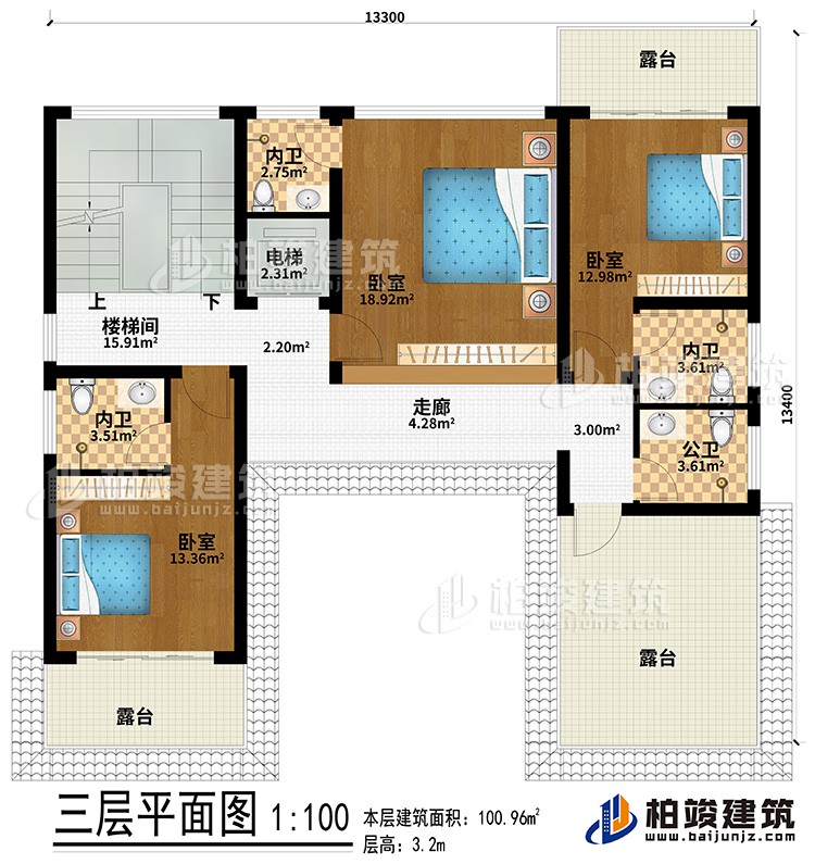 三層：走廊、3臥室、3內(nèi)衛(wèi)、3露臺、樓梯間、電梯、公衛(wèi)