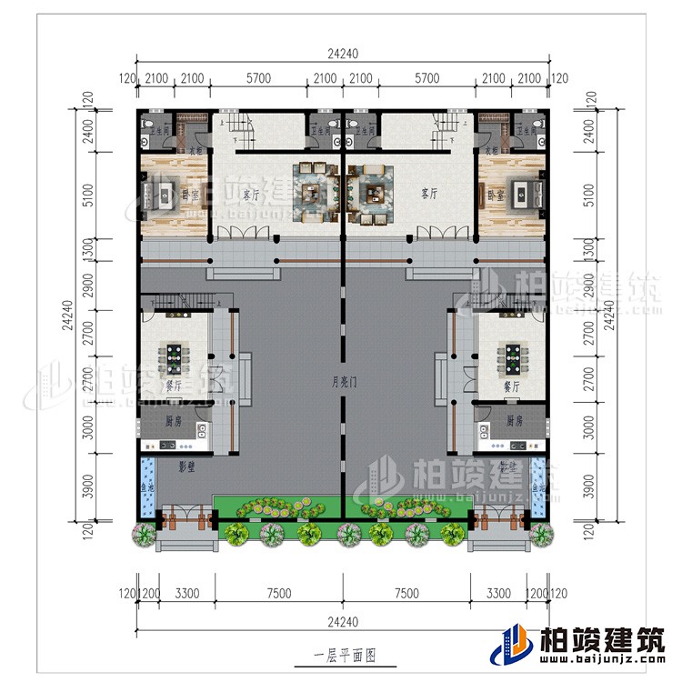 一層：月亮門(mén)、2廚房、2影壁、2餐廳、2客廳、2臥室、2衣柜、2內(nèi)衛(wèi)、2魚(yú)池