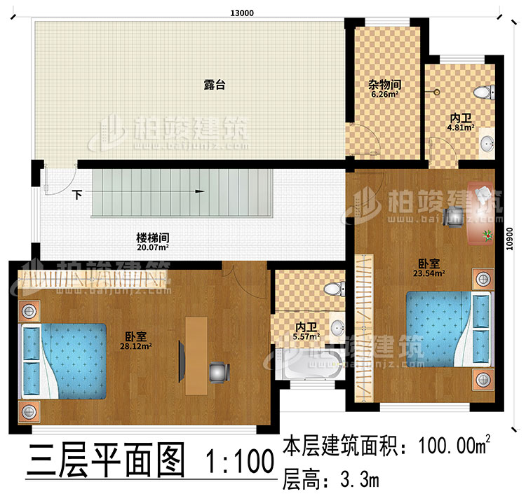 三層：2臥室、樓梯間、露臺(tái)、2內(nèi)衛(wèi)、雜物間