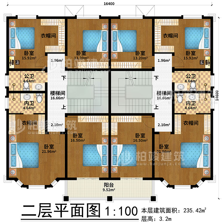 二層：2樓梯間、8臥室、4衣帽間、2公衛(wèi)、2內(nèi)衛(wèi)、陽(yáng)臺(tái)