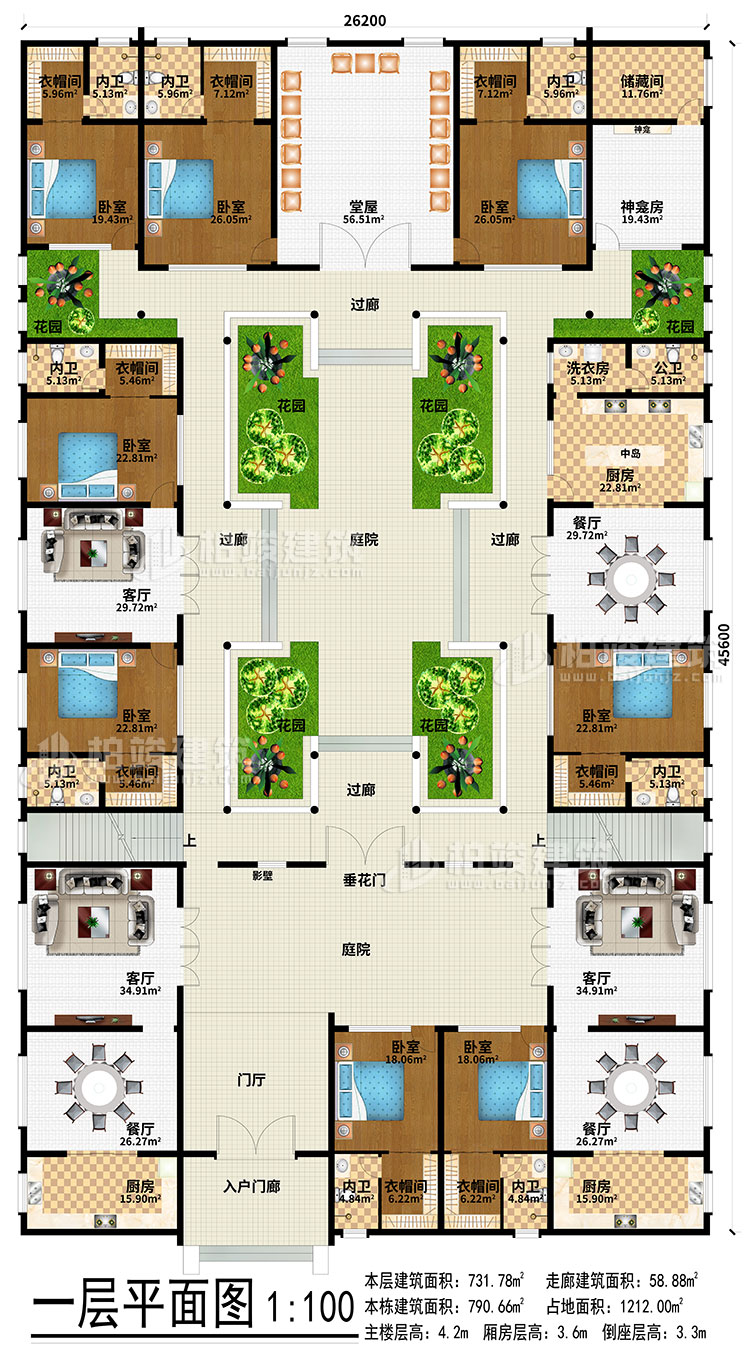 一層：入戶門廊、門廳、3餐廳、3廚房、3客廳、堂屋、神龕、神龕房、儲物間、6花園、4過廊、2庭院、影壁、垂花門、中島、洗衣房、公衛(wèi)、8臥室、8衣帽間、8內衛(wèi)